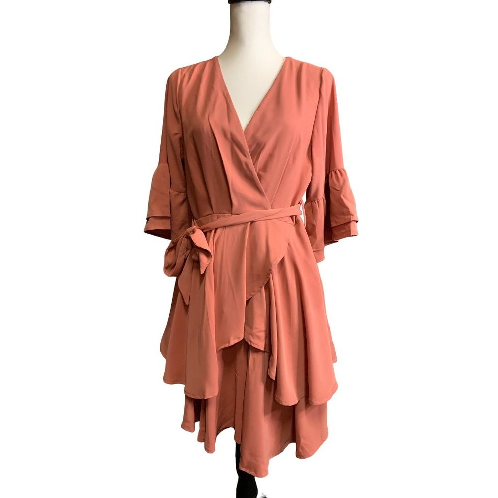 NWT Women's Dress Deep V-Neck Bell Sleeve Waist Wrap Tie Swing Mini Dresses - Picture 3 of 14